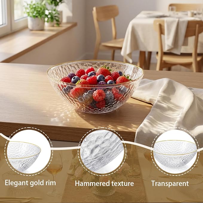 Rubtlamp 100 Pack Clear Disposable Bowls, Clear Plastic Bowls with Gold Rim, 12-16oz Premium Heavy Duty Plastic Hammered soup Bowls for Milk Cereals, Snacks, Salads