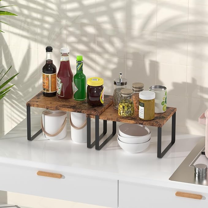 CADUKE Set of 4 Counter Shelves Kitchen Cabinet Shelf Organizer Brown | Countertop Organizer,Counter Top Racks,Stackable, Expandable, Metal and Engineered Wood, for Bathroom