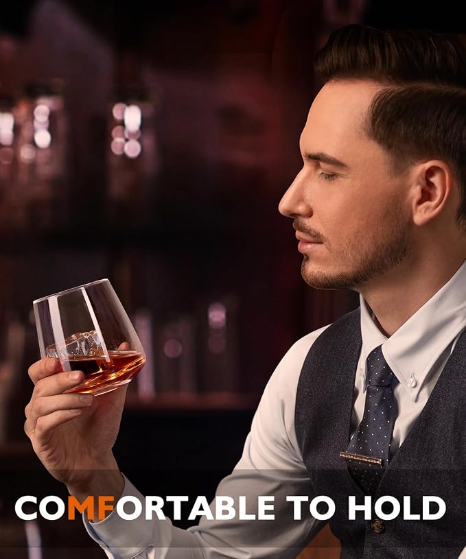 Whiskey Glasses Lead-Free Crystal Old Fashioned Glass Clear Set of 6 13.5oz | whiskey glasses with ergonomic curved shape, Holds ice balls，elegant gift choice for whiskey lovers