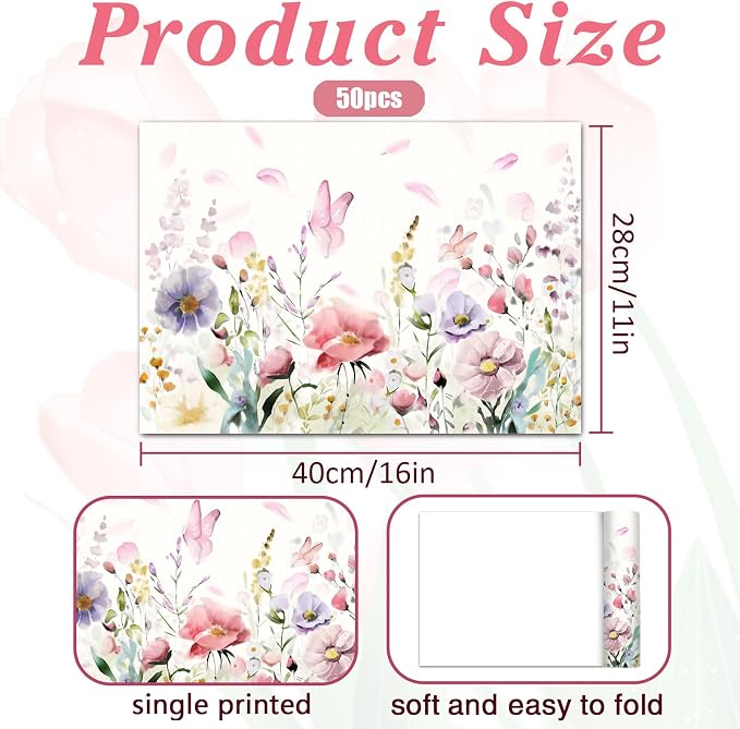 50 Pack Floral Disposable Paper Placemats Watercolor Table Mats | Wedding, Tea Party, Spring Holiday Dinner, Easter, Mother's Day Party Supplies