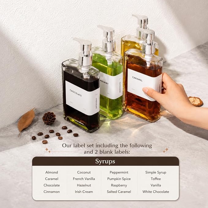 Glass Coffee Syrup Dispensers with Pumps, Syrup Bottles with Label Set - Essential Coffee Bar Accessories, 11.8 oz/350ml, Set of 4