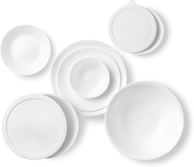 Corelle Vitrelle 78-Piece Service for 12 Dinnerware Set, Triple Layer Glass and Chip Resistant, Lightweight Round Plates and Bowls Set, Winter Frost White