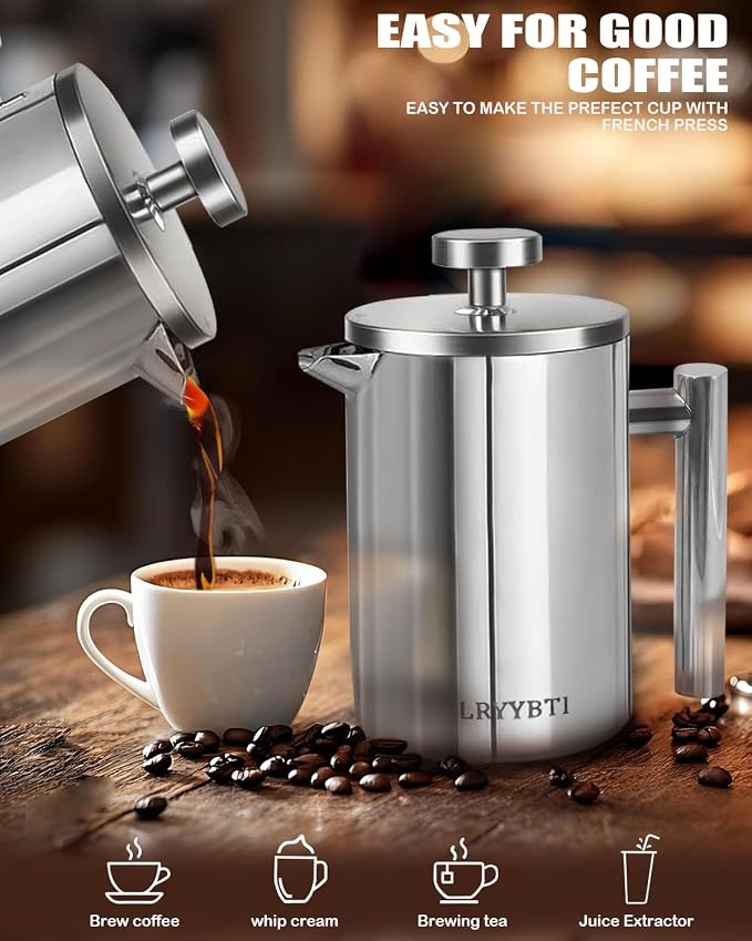 French Press Coffee Maker, Stainless Steel, Silver, 17 OZ | with scale lines，2 Extra Filters