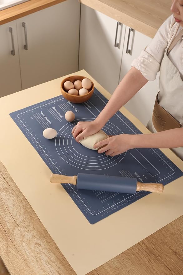Premium Silicone Baking Mat with Rolling Pin - Non-Stick Silicone Mats for Baking, Reusable & Food Grade- Pastry Dough Mat with Measurement Non-Stick For Dough Rolling