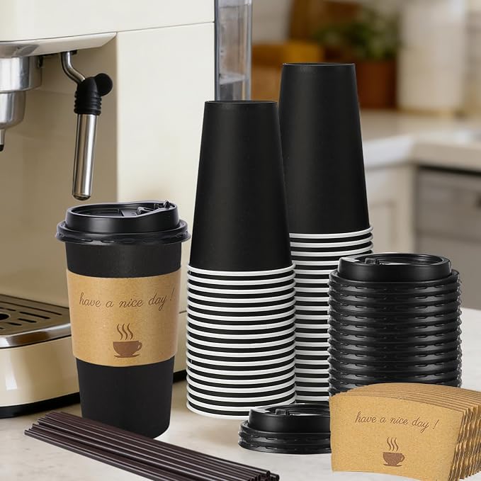 BYSNOW 20 oz 50 pack Disposable Paper Coffee Cups with Lids To Go Cups | Paper To Go Cups with Lids, Sleeves and Stirring Sticks, Hot Paper Cups for Home, Office and Party (Black 20oz)