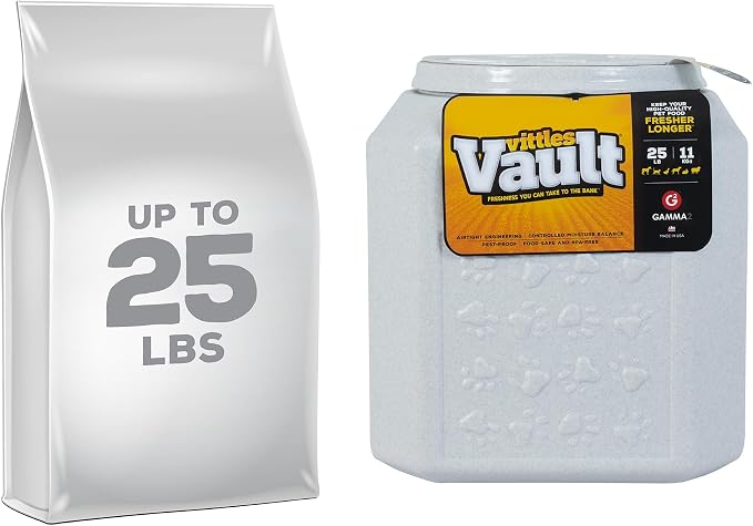 Vittles Vault Pawprint Pet Food Storage Container For Dog Food, Kibbles/Bird Seed/Oatmeal/Rice/Flour/Cereal, BPA Free, Plastic, Sealed Airtight For Cat Food, Up To 25 lb, Made in USA, With Scoop, Gray