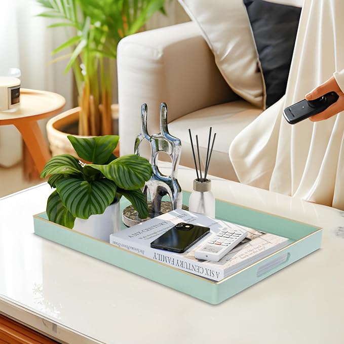 Mint Green Decorative Tray for Ottoman, Serving Tray with Handles | Plastic Melamine Tray, Modern Coffee Table Tray, Rectangle Countertop Organizer Tray for Living Room, 15.8"L x 10.2"W x 1.4"H