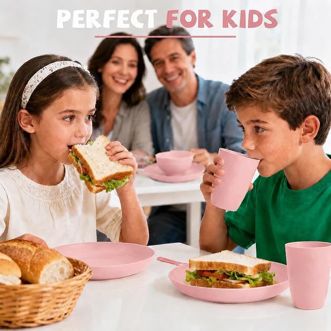 Wheat Straw Dinnerware Sets for 4, 20 Piece Unbreakable Kids Dinnerware Set, Toddler Plates and Bowls Sets, Kitchen Plates and Bowls Set, Lightweight Dish Set for Travel Camping Party - Muted Pink