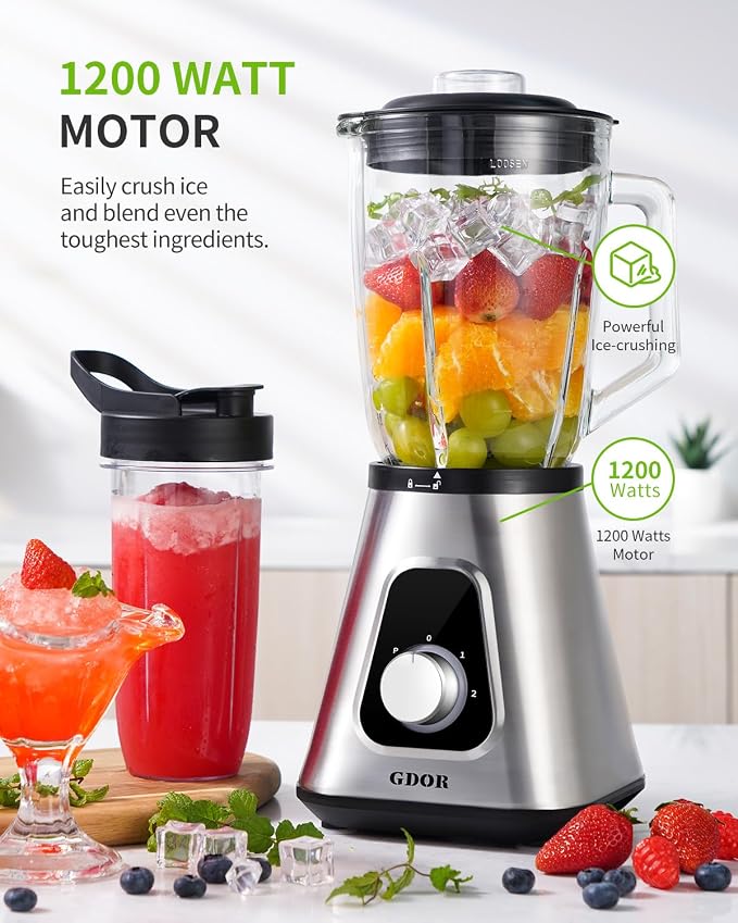 GDOR 1200W Blender for Smoothies and Shakes, 52 Oz Glass Jar & 22 Oz To-Go Cup Combo, Countertop Blender with 6-leaf Blade, 3 Adjustable Speed for Juices, Frozen Fruit Drinks, Sauces, Self-Cleaning