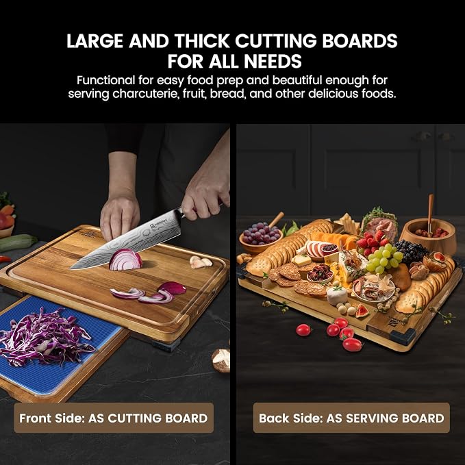 Acacia Wood Cutting Board Set for Kitchen with Wood Storage Stand | Premium Wooden Chopping Board, Reversible Cutting Board, Juice Groove, Non Slip Feet, Charcuterie Board for Meat & Cheese