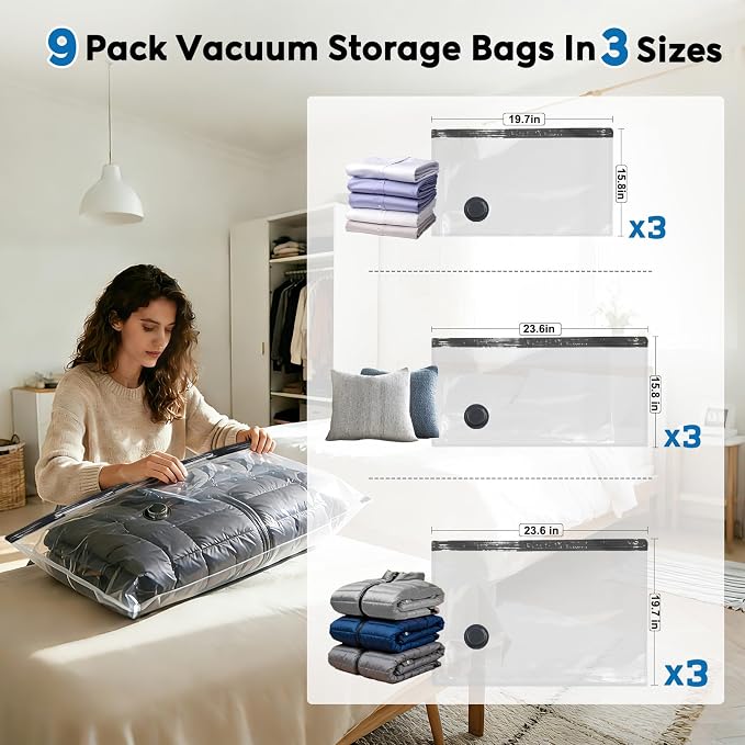Mapambo Travel Vacuum Bags with -60000Pa LED Pump, 9 Pack Vacuum Seal Bags for Clothing Travel in 3 Combo Sizes, Vacuums Storage Bags for Clothes, Save 80% of Space (9 Combo)