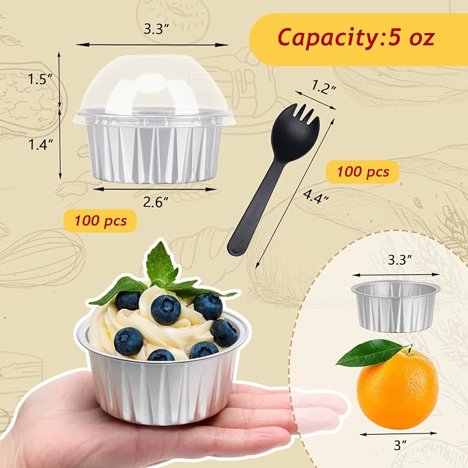 LNYZQUS 5oz Cupcake Tins with Dome Lids 100 Pack, Foil Dot Cake Cups | Mini Cake Pans and Containers, Disposable Ramekins, for Baking and Packaging, for Bake Sale, Round Silver