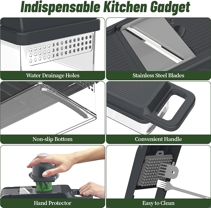 12-in-1 Vegetable Chopper 7 Blades, Veggie Cutter with Handle, Grey | Stainless Steel Blades, Food Container and Lid, Dicer, Slicer, Julienne, Egg Separator, Non-slip Base, Include Cleaning Tools