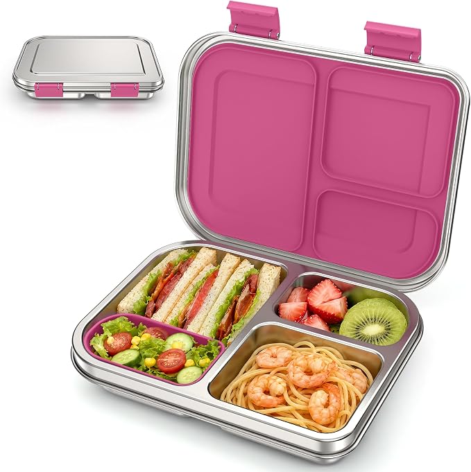 BABHAMNESS Stainless Steel Bento Box Kids, 3 Compartments Leak Proof Metal Bento Lunch Box, 304 Stainless Steel Bento Lunch Containers for School and Office,Dishwasher Safe, BPA-Free-Pink