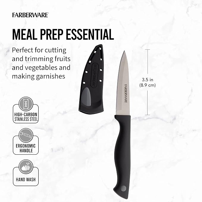 Farberware Edgekeeper 3.5-Inch Paring Knife with Self-Sharpening Blade Cover, High Carbon-Stainless Steel Kitchen Knife with Ergonomic Handle, Razor-Sharp Knife, Black