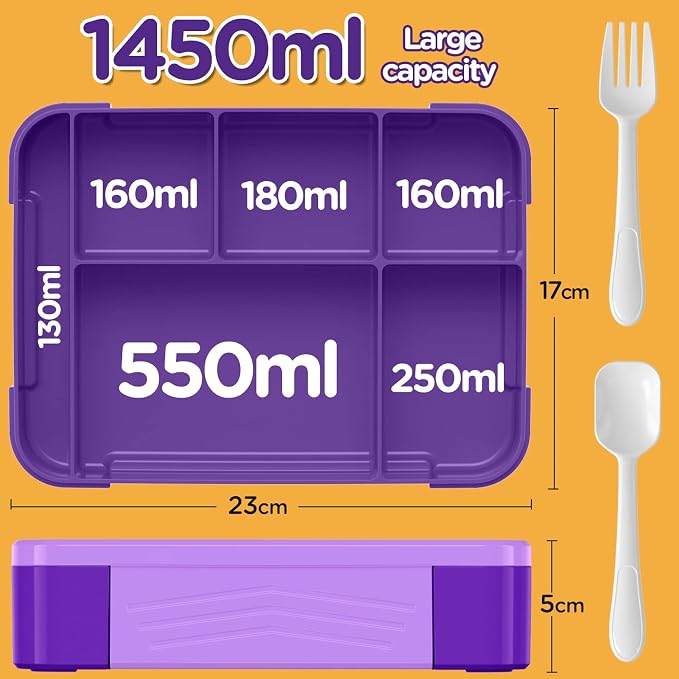 Lunch Box Kids Bento Box - 1450ml Large Leakproof 6 Compartments Kids Lunchbox Toddler Bento Box with Utensils for Back to School,Book-Style Reusable Lunch Snack Containers for Daycare