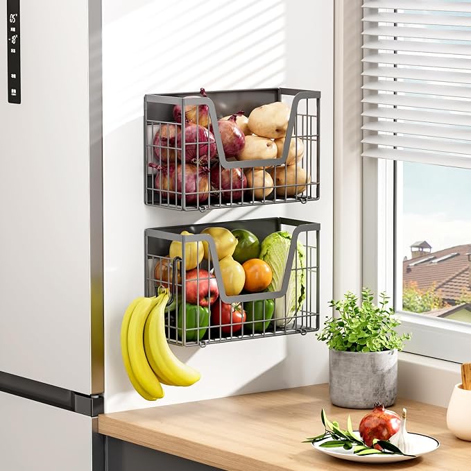 Grey Magnetic Shelf for Fridge, 2-Pack Potato and Onion Storage Bin | Magnetic Fruit Basket for Fridge, Magnetic Shelves Kitchen Pantry Organizers & Storage, Magnetic Spice Rack for Refrigerator