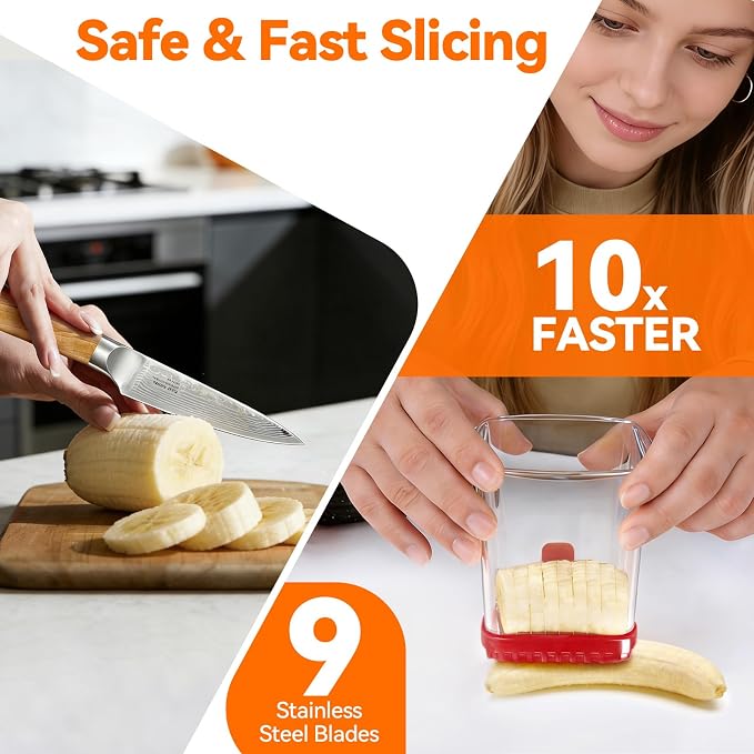 2 Pack Fruit Slicer Cup for Strawberry, Banana, Hard-Boiled Egg - Detachable Cutter with Push Plate - Rapid & Safe Slicing Kitchen Gadget for Quick Meal Prep(Black + Red)