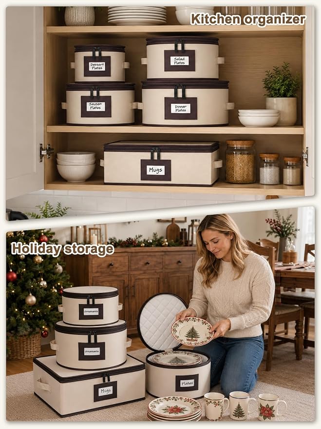 punemi Fine China Storage Containers, 5-Piece Hard Shell Set for Moving | Quilted dish protectors; with dividers, stackable organizer for coffee mug plates and dinnerware, for packing & moving, beige