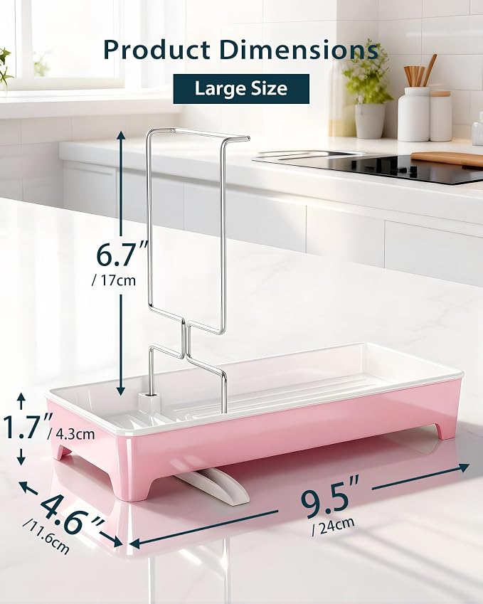 Minimalist Sink Caddy, Rustproof Sponge Holder for Kitchen Sink Pink | Large Rustproof countertop organizer with 304 stainless steel brush holder, raised ridges and silicone drain tube