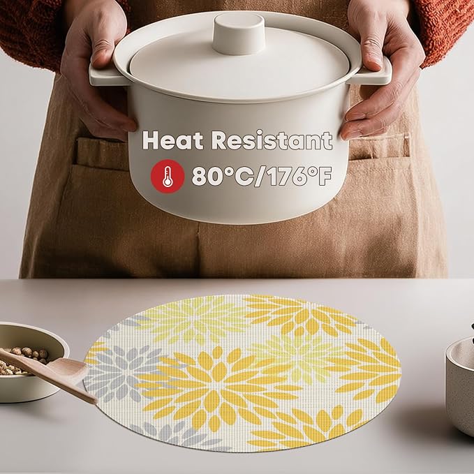 Artoid Mode Yellow Dahlia Plastic Round Placemats Set of 4, 14 Inch Seasonal Washable Woven Vinyl Table Mats for Farmhouse Party Kitchen Dining Decor