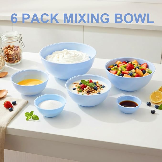 BoxedHome BPA Free Plastic Round Mixing Bowl with Lids, 12 Pack Nesting Bowls with Lids Set, Microwave and Dishwasher Safe Prep & Serving Bowls Great for Mixing, Baking, Serving (Pale Blue, 12pcs)