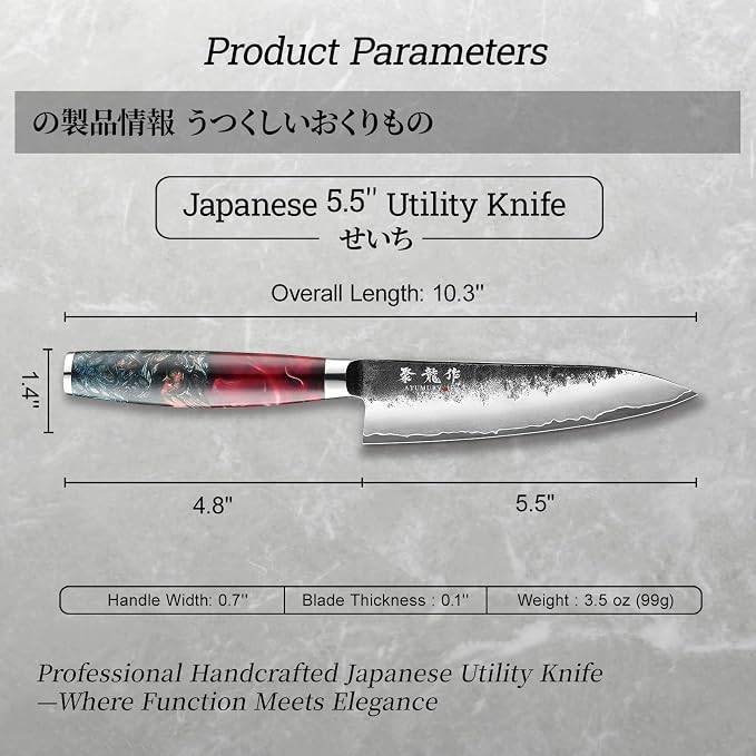 5.5'' Japanese Utility Knife, Black Forged 3-Layer VG10 Steel Core | San-Mai Kurouchi Finish, 62 HRC Hradness, Fine Detail Work, Nimble Blade Control, Resin-Wood Handle, Premium Gift Box