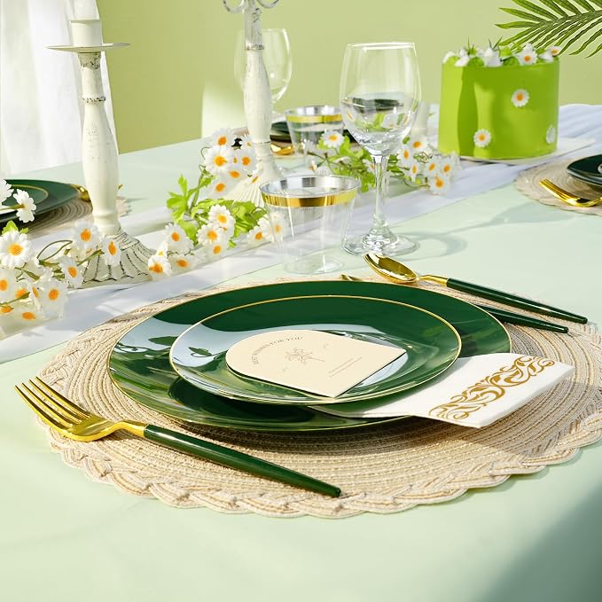 Bestluck 350PCS Green Plastic Dinnerware Set, Green Plastic Plates for 50 Guests, Include 100 Green Gold Plates with 150 Plastic Cutlery, 50 Napkins and 50 Cups