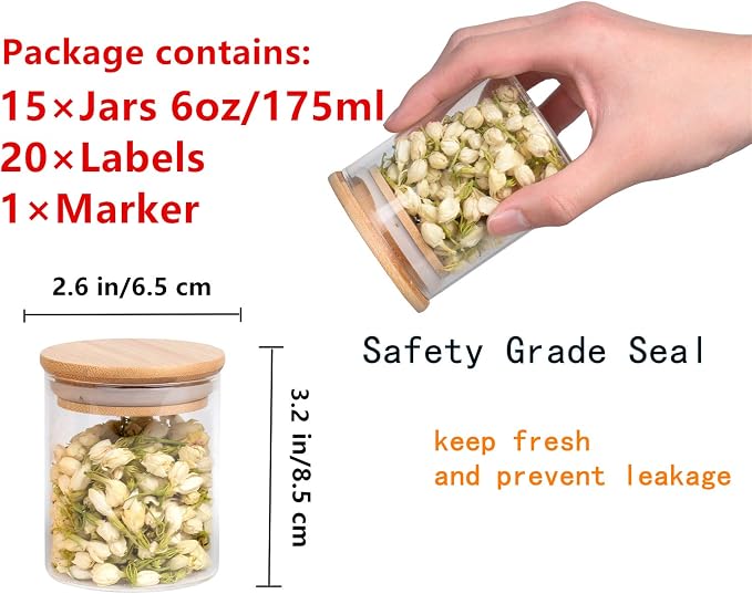 15Pcs 6oz Glass Spice Jars, Airtight Bamboo Lid Containers with Labels | Moisture-Proof Sealing, Clear Visible Body, Space-Saving Compact Shape, Multi-Scenario Application, Easy Marking Design