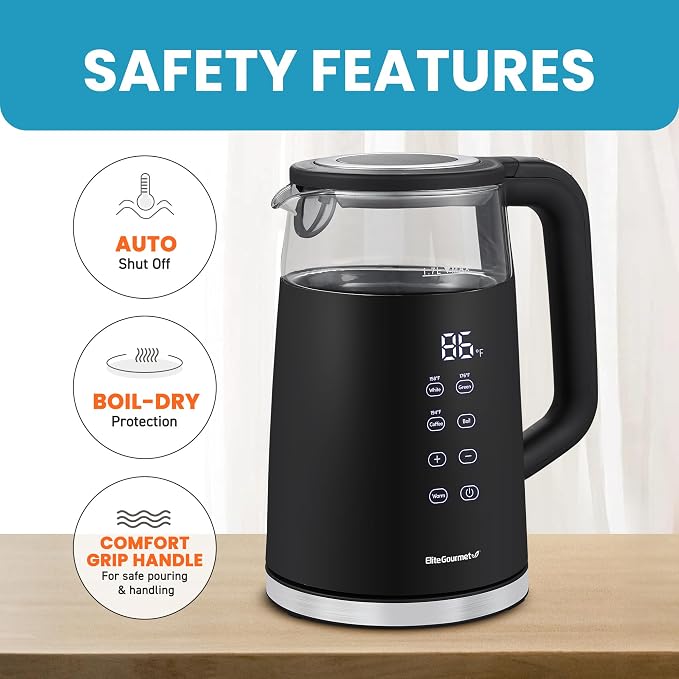Elite Gourmet 1.7L Dual-Wall Cool-Touch Tea Kettle, Touchscreen, Black | Borosilicate Glass, 304 Stainless Steel Interior, Programmed Digital Keep Warm, Auto Off & Audible Indicator