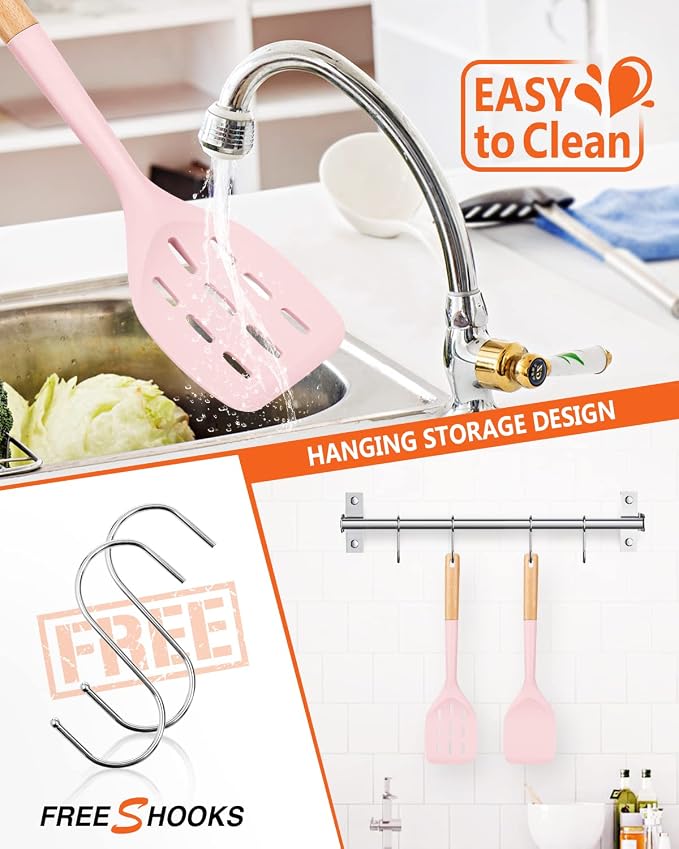 Silicone Spatula, Non Stick Turner for Cooking, Food Grade, Pink | Heat Resistant, Flexible Edge, 2 Pack Wooden Handle Kitchen Turner for Baking Mixing Grilling Serving Food