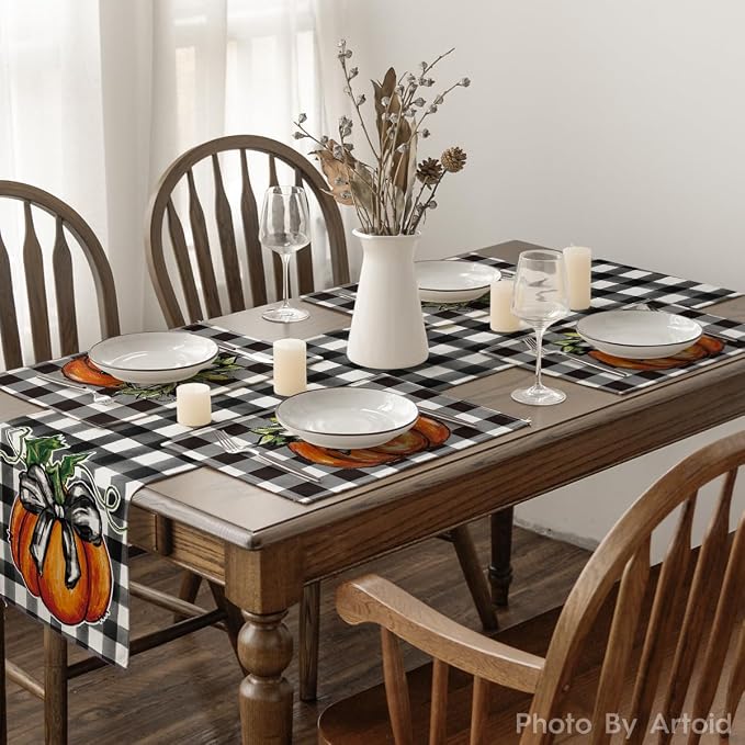 Artoid Mode Buffalo Plaid Pumpkin Fall Placemats Set of 6-12 x 18 Inch | Heat-Resistant Table Mats, Washable Seasonal Autumn Bowknot Kitchen Dining Decor