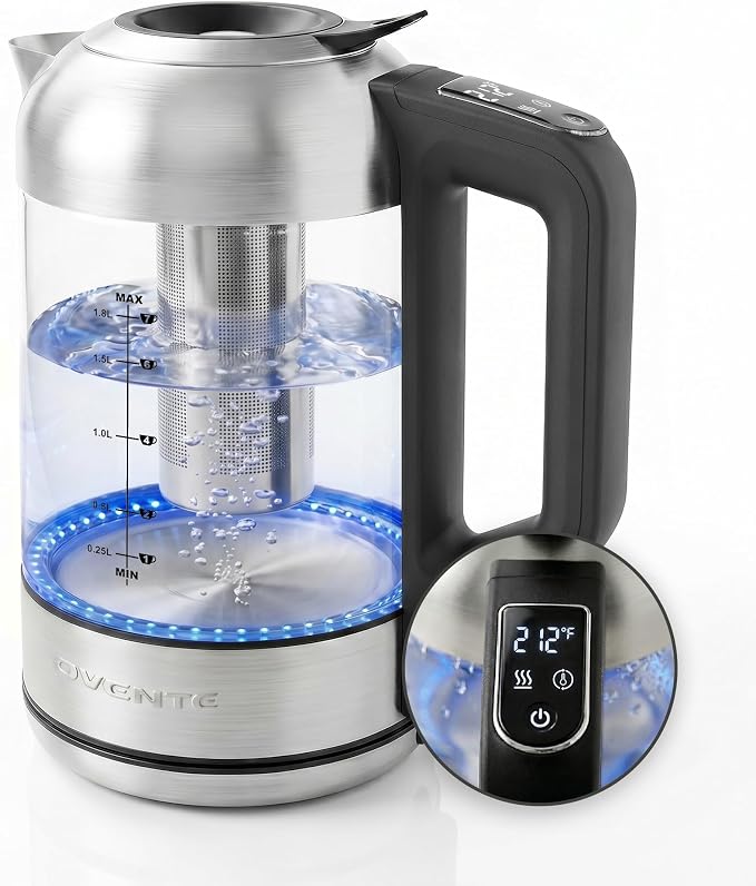 OVENTE 1.8L Glass Electric Kettle with Tea Infuser, Silver KGD752S | 1500W Fast Boiling, Easy Fill Lid, 7 Temperature Control, Keep Warm, Digital Display, Auto Shut-Off, Boil-Dry Protection