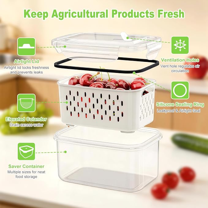4Pack Fruit Storage Container for Fridge with Removable Colander and Vent | 8 Pieces BPA Free Kitchen Refrigerator Organizers Plastic Fruit Containers for Fridge for Fruit Berry Salad Lettuce