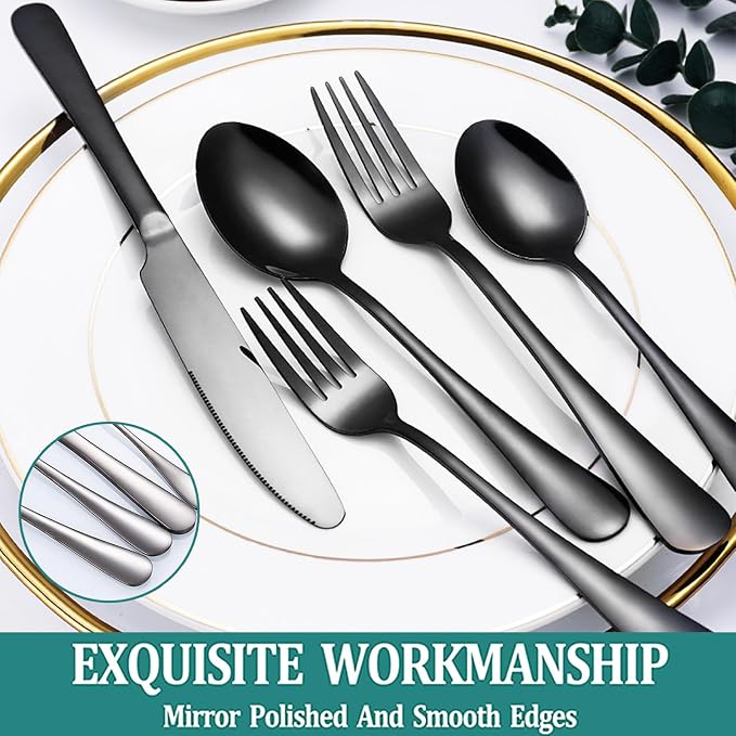 Flatware Set Rack,24 Piece Gilded Silverware Set with stand,Hanging Stainless Steel Utensils Set Service for 6,Eating Tableware Set Include Fork Knife Spoon Holder Set,Dishwasher Safe (Black)…