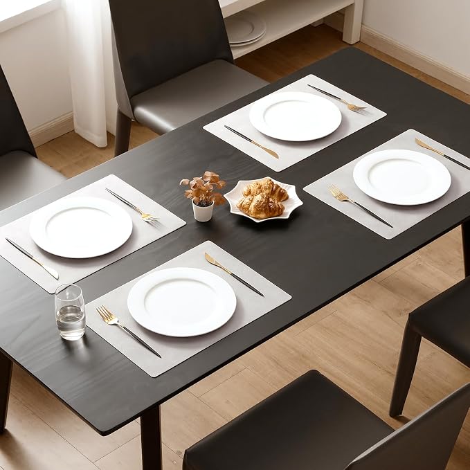 MOSAYT Vinyl Placemats Set of 6-12 X 17 Inch - Faux Leather 100% Waterproof Oil-Proof Wipeable PU Place Mats, Heat Resistant Reversible Table Mats for Kitchen, Dining, Outdoor, Light Grey