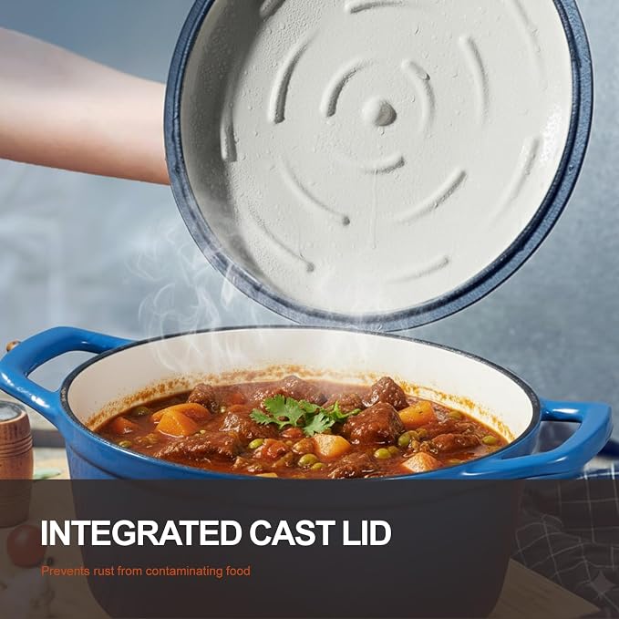 Overmont Enameled Cast Iron Dutch Oven - 5.5QT Pot with Lid Cookbook & Cotton Potholders - Heavy-Duty Cookware for Braising, Stews, Roasting, Sourdough Baking Blue