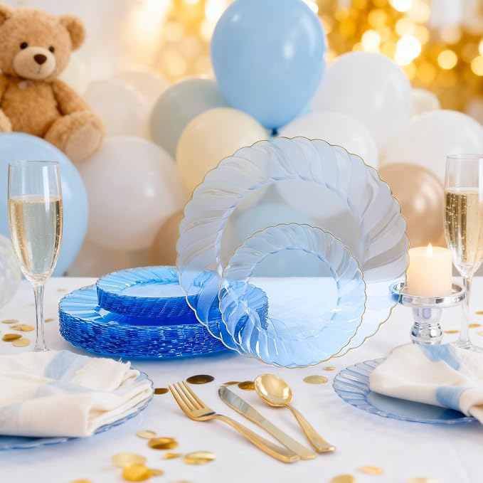 YOUBET 125PCS Clear Blue Gold Plastic Plates - Blue Disposable Plates With Gold Rim Include 25 Dinner Plates 25 Dessert Plates 75 Golden Silverwares for Wedding Birthday & Parties | Clear Blue Disposable Plates With Gold Rim Include 25 Dinner Plates 25...
