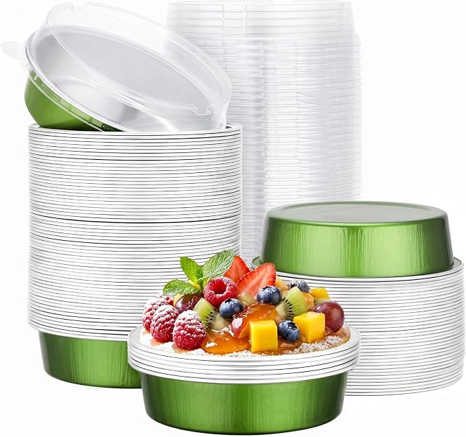 Beasea Mini Disposable Cupcake Pans with Lids, 100 Pack 7.3oz Aluminum Foil Baking Cups Tart Pie Tins, Small Round Tart Containers for Individual Dessert Muffin Cheesecake Quiche - Avocado Green
