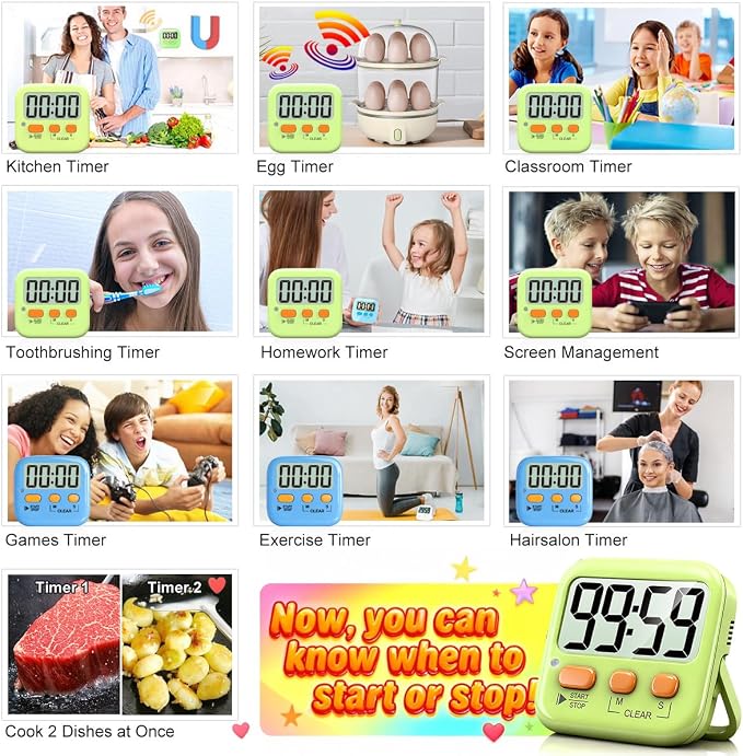 2 Pack Digital Timer for Kids Classroom Kitchen Timers for Cooking | w/ Battery, Easy to View, Alarm, Mute Mode, Count Down/Up, Magnetic, Kickstand, Hanging, Classroom Timer for Teacher Supplies