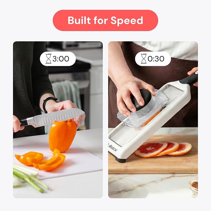 Fullstar - Handheld Mandoline Vegetable Slicer & Julienne Cutter | 2 in 1 Onion, Veggie & Fruit Slicer, 4 Thickness Settings with Stainless Steel Guard for Easy & Safer Slicing (White)