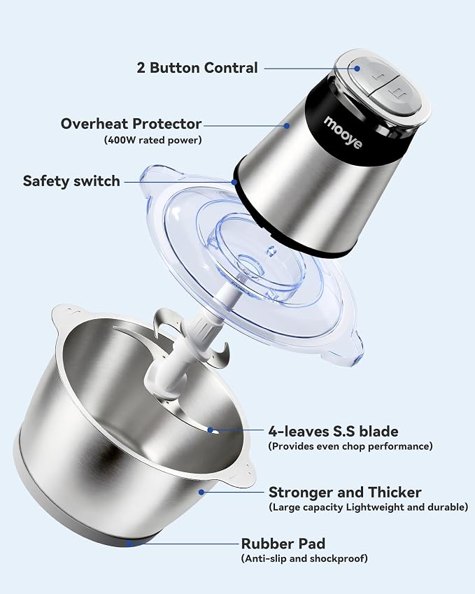 Food Processor Electric Food Chopper with Meat Grinder & Vegetable Chopper - 3 Bowls(8Cup+8Cup+3Cup) with Powerful Copper Motor - Includes 3 Sets of Bi-Level Blades for Fruits/Meat/Nuts