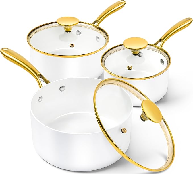 MICHELANGELO Sauce Pan with Lid, Nonstick Ceramic Saucepan Set-1Qt & 2Qt & 3Qt, Small Pots with Ergonomic Handle, Sauce Pans Sets Oven Safe, White