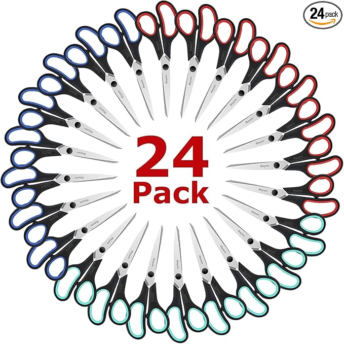 iBayam 8.5" All Purpose Sharp Black Scissors, Comfort-Grip Handles, 24-Pack | 2.5MM Thick Blade, School Student Teacher Classroom Must Have, Office Desk Home Sewing Fabric Supplies, Right & Left Handed