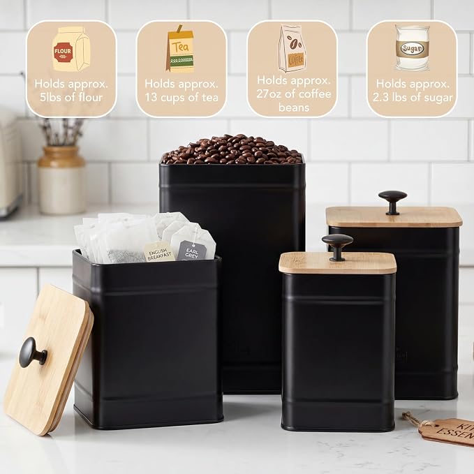 PERFNIQUE Kitchen Canisters, Airtight Canister Sets for Kitchen Counter, Kitchen Canisters for Countertop Set of 4, Coffee Tea Sugar Flour Spice Tin Jars Food Storage Container with Lid(Black)