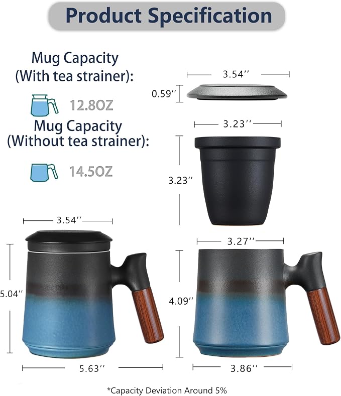 ZENS Tea Cup with Infuser and Lid for Loose Leaf Tea Steeper, 13.5oz Blue | Embossed Ceramic Tea Infuser Mug with Fine Strainer for Herbal Tea Lovers Gifts, Nature Wood Handle