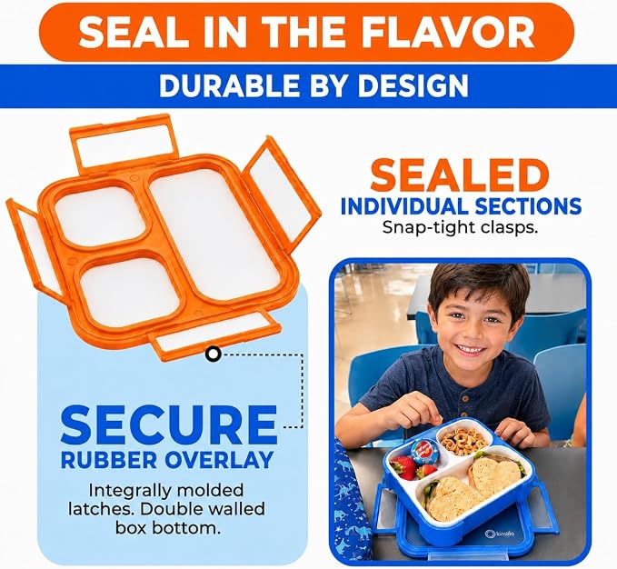 kinsho Bento Boxes for Kids, Lunch Box Set For Boys Girls Toddlers, Leak Proof 3 Compartment Meal or Snack Containers Perfect for School Travel Work, BPA Free. Blue Orange 2 Pack Medium - Small