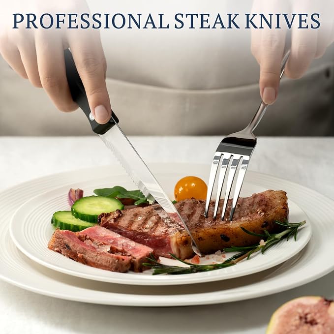 Astercook Silverware Set with Steak Knives 24-Piece Flatware Set for 4 Food-Grade Stainless Steel Cutlery Set Mirror Polished Utensils Set Include Spoons and Forks for Home Kitchen Restaurant