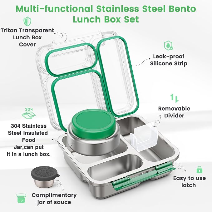 Stainless Steel Bento Box Kids Adult with 7oz Soup Thermo, Transparent Lid 3 Compartments Metal Bento Lunch Box with Insulated Food Jar,Lunch Box Container Sauce Cup for School,BPA-Free (Green)