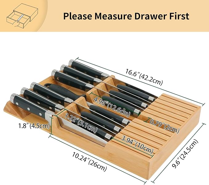 Utoplike In-Drawer Knife Block Bamboo Drawer Organizer, 12 Knives Holder | Steak Knife Holder, Fit 12 Knives, 1 Sharpening Steel (Knives & Sharpening Steel Not Included), Kitchen Drawer Organization